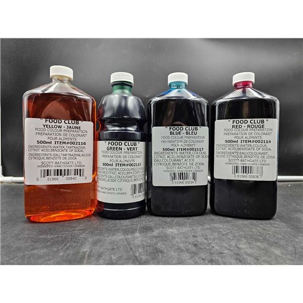 Food Club Food Dye, Yellow, Green, Blue & Red (4 x 500ml)