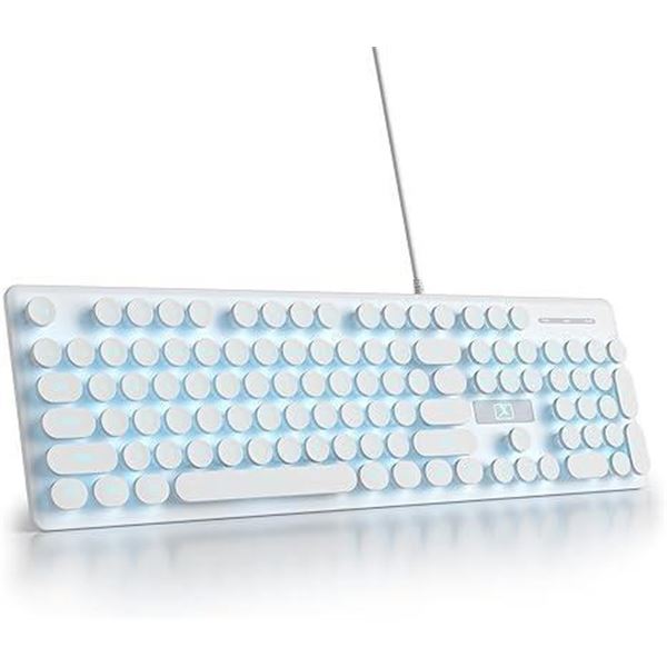 Wired Quiet Membrane Keyboard,Full Size 104-Keys Retro Punk Typewriter White LED Backlit ，