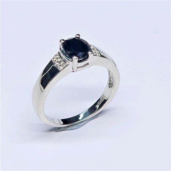Silver Blue Sapphire White Topaz(0.9ct) Rhodium Plated Ring (~Size 7)(Ring is resizable for $40) (~w