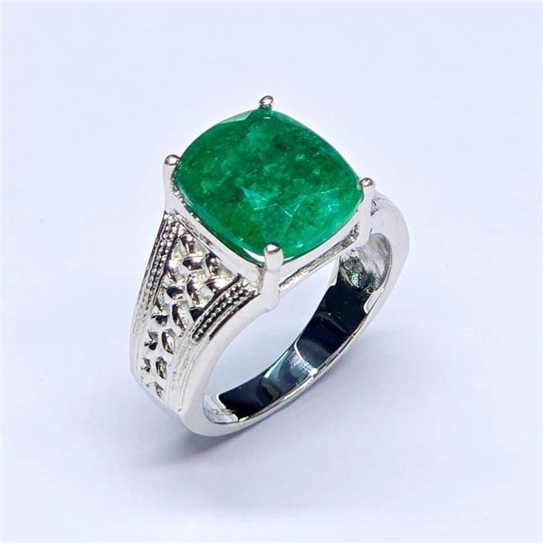 Silver Emerald(4.05ct) Rhodium Plated Ring (~Size 7)(Ring is resizable for $40) (~weight 5.99g)