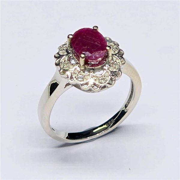 Silver Ruby White Topaz(1.8ct) Rhodium Plated Ring (~Size 7)(Ring is resizable for $40) (~weight 5.4