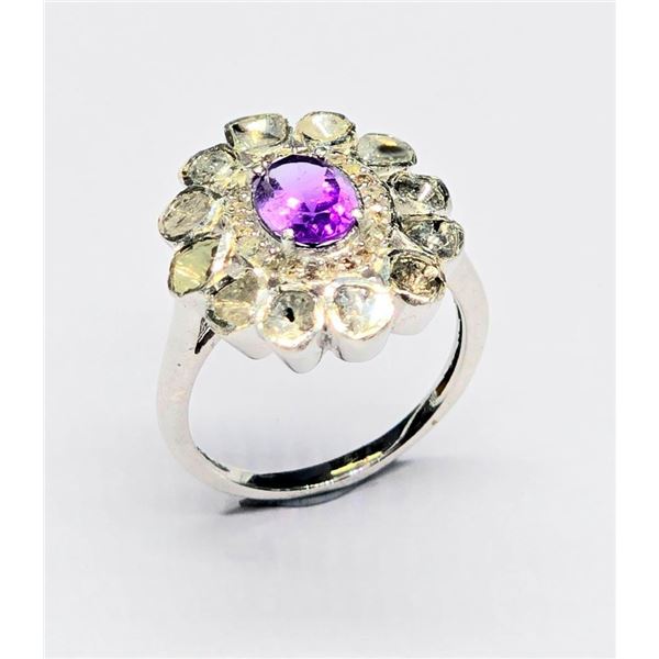Silver Diamond (1.10 Ct.) Amethyst(0.9ct) Rhodium Plated Ring (~Size 7)(Ring is resizable for $40) (
