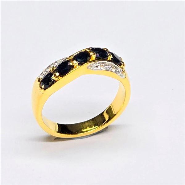 Gold plated Silver Blue Sapphire White Topaz(1.4ct) Gold Rhodium Plated Ring (~Size 7)(Ring is resiz