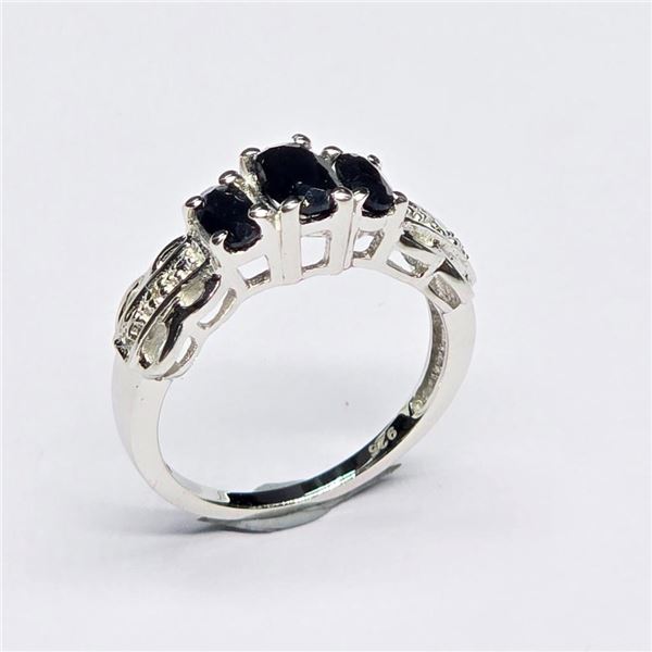 Silver Blue Sapphire White Topaz(1.35ct) Rhodium Plated Ring (~Size 7)(Ring is resizable for $40) (~