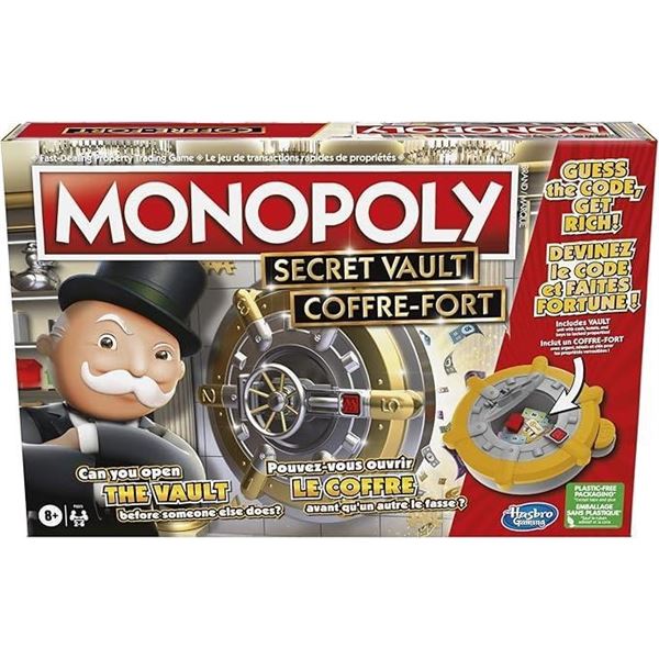 Monopoly Secret Vault Board Game for Kids Ages 8 and Up, Family Board Game for 2-6 Players, Includes