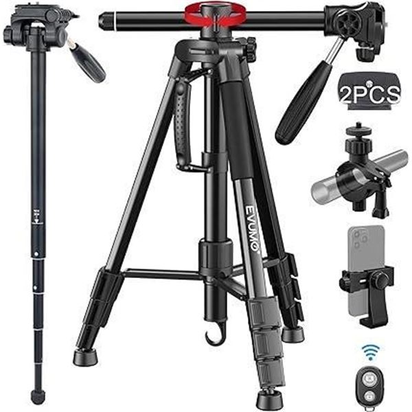 EVUMO HF3 Camera Tripod Monopod, 65'' Rotatable Horizontal Center Column Tripod Stand with Remote & 