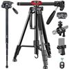 Image 1 : EVUMO HF3 Camera Tripod Monopod, 65'' Rotatable Horizontal Center Column Tripod Stand with Remote & 