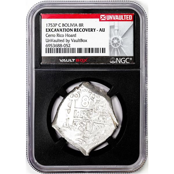 1753P C Bolivia 8 Reales Silver Coin NGC Excavation Recovery AU VaultBox Unvaulted