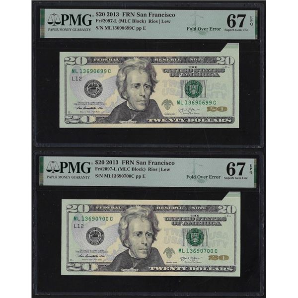 (2) Consecutive 2013 Federal Reserve Fold Over Error Notes PMG Superb Gem Unc 67EPQ