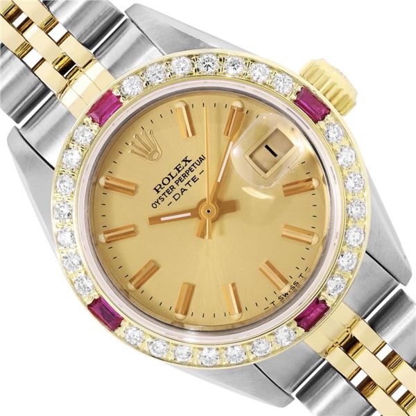 Rolex Ladies Two Tone Champagne Index Ruby and Diamond Date Wristwatch With Rolex Box