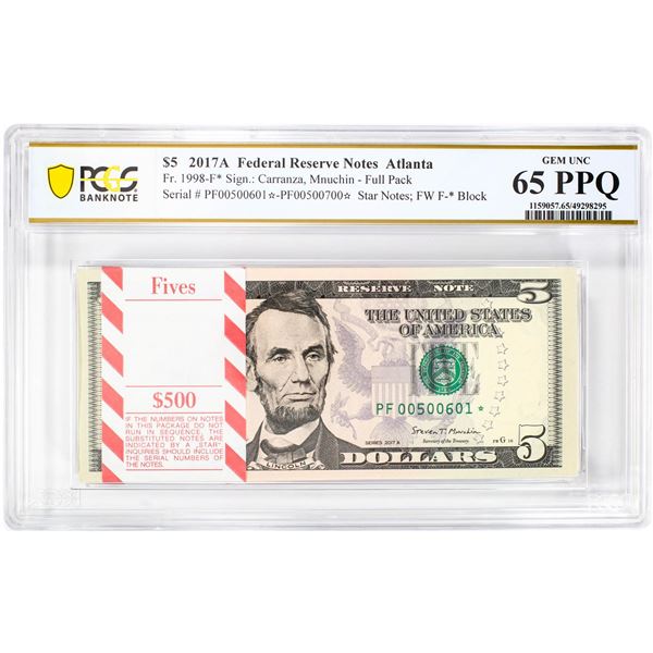 Pack of 2017A $5 Federal Reserve STAR Notes Atlanta Fr.1998-F* PCGS Gem UNC 65PPQ