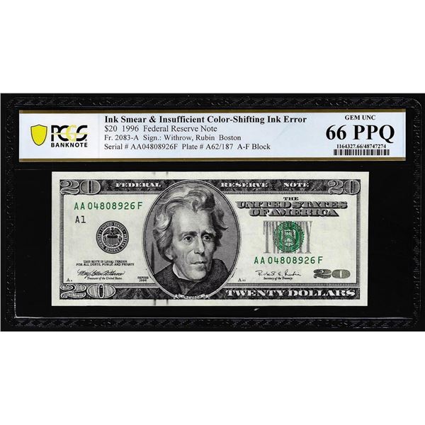 1996 $20 Federal Reserve Note Ink Smear & Insufficient Color Error PCGS Gem Unc 66PPQ