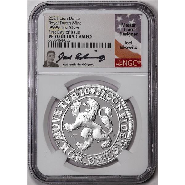 2021 Netherlands Proof Lion Dollar Silver Coin NGC PF70 Ultra Cameo FDOI Signed