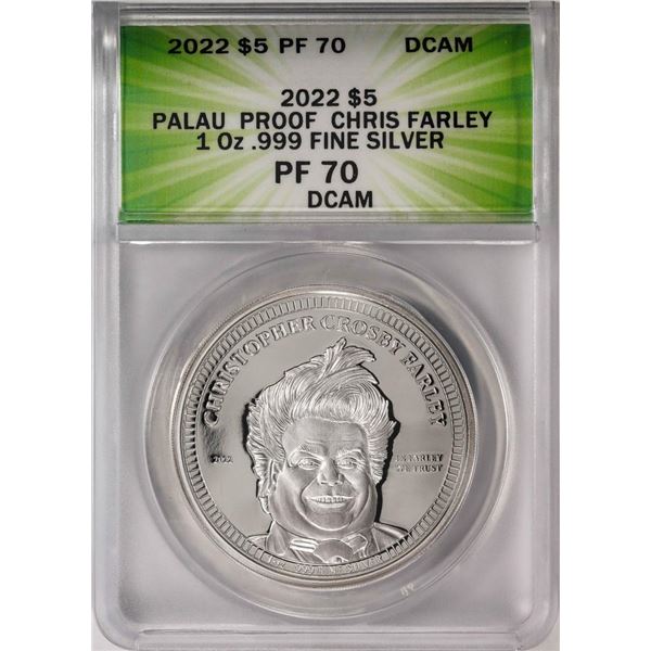 2022 $5 Palau Proof Chris Farley Silver Coin ANACS PF70DCAM