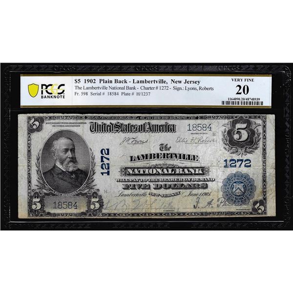 1902 PB $5 NB of Lambertville, NJ CH# 1272 National Currency Note PCGS Very Fine 20