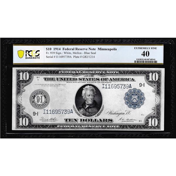 1914 $10 Federal Reserve Note Minneapolis Fr.939 PCGS Extremely Fine 40