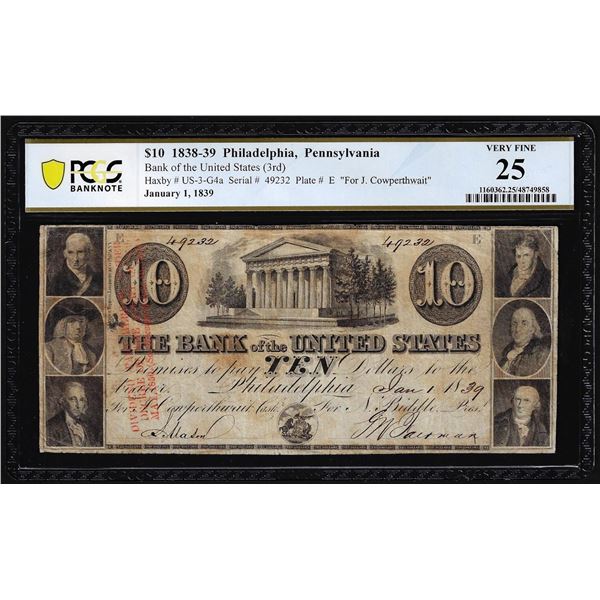 1838-1839 $10 Bank of the United States Philadelphia Obsolete Note PMG Very Fine 25