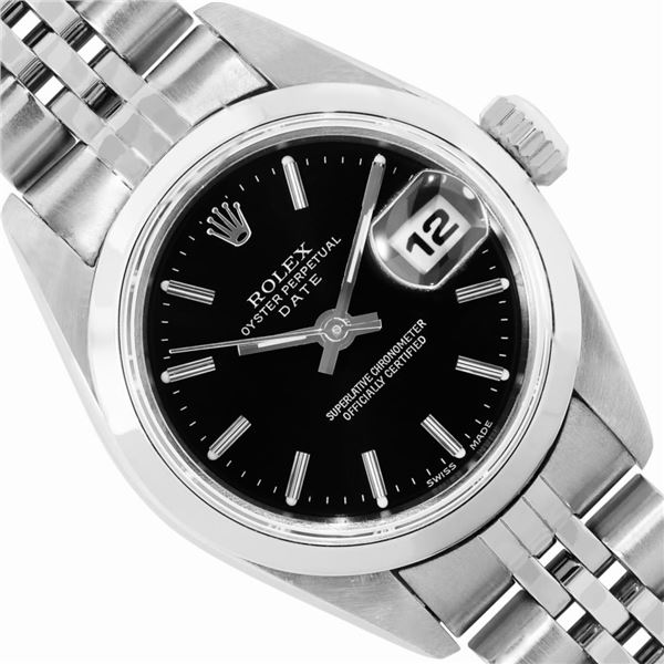 Rolex Ladies Stainless Steel Black Index Date Wristwatch With Rolex Box