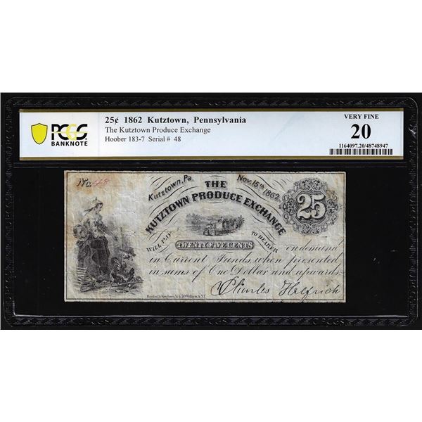1862 Twenty-Five Cents Kutztown, PA Produce Exchange Obsolete Note PCGS Very Fine 20