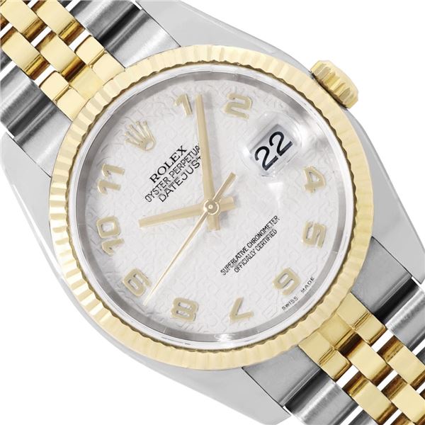 Rolex Mens Two Tone Cream Arabic Datejust Wristwatch With Rolex Box