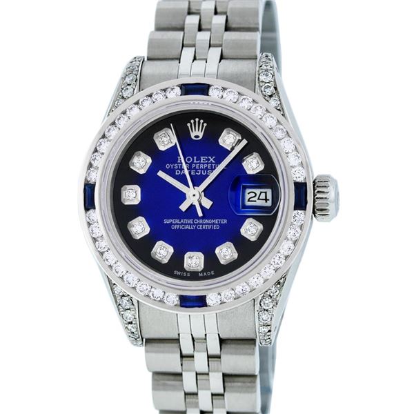 Rolex Ladies Stainless Steel Blue Vignette Sapphire and Diamond Datejust Wristwatch