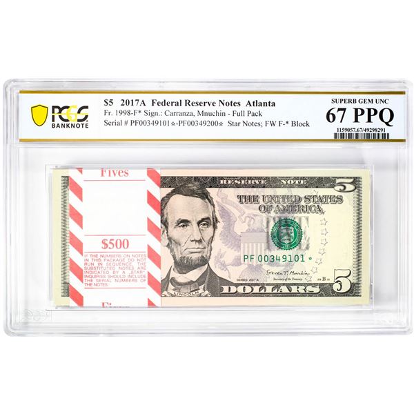 Pack 2017A $5 Federal Reserve STAR Notes Atlanta Fr.1998-F* PCGS Superb Gem UNC 67PPQ