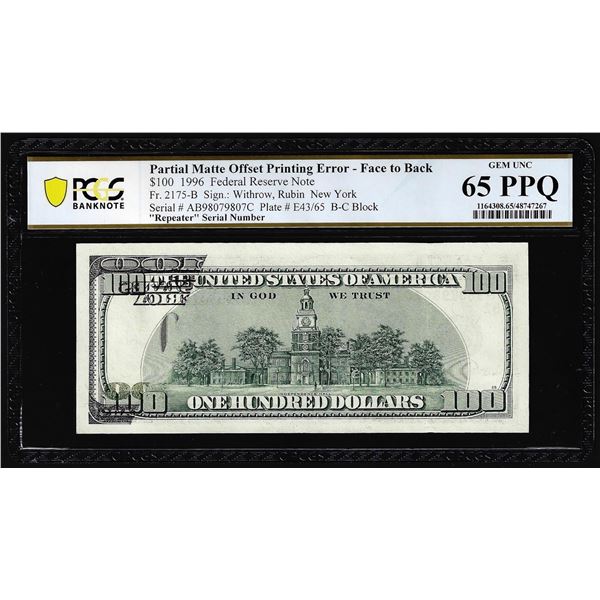 1996 $100 Federal Reserve Note Partial Offset  Error PCGS Gem Unc 65PPQ Repeater Serial