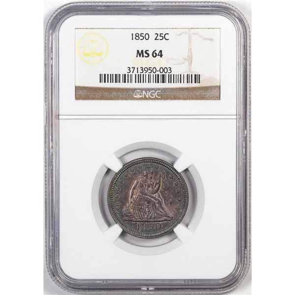 1850 Seated Liberty Quarter Coin NGC MS64 Great Toning