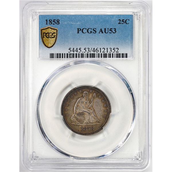 1858 Seated Liberty Quarter Coin PCGS AU53