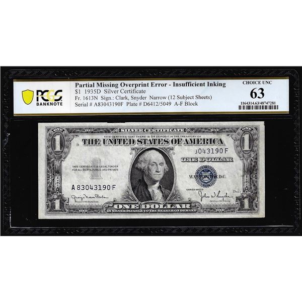 1935D $1 Silver Certificate Note Missing Overprint & Inking Error PCGS Choice Unc 63