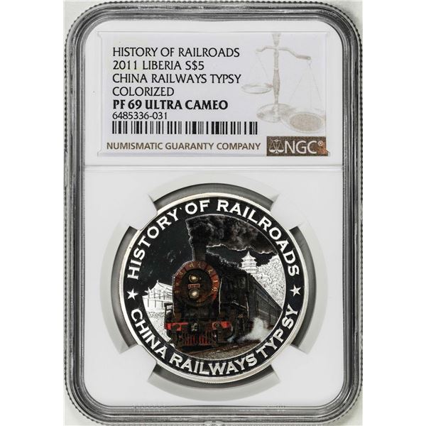 2011 Liberia $5 Proof China Railways Typsy History Silver Coin NGC PF69 Ultra Cameo
