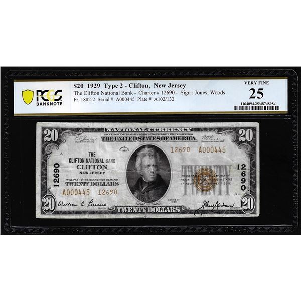 1929 Ty.2 $20 Clifton, New Jersey CH #12690 National Currency Note PCGS Very Fine 25