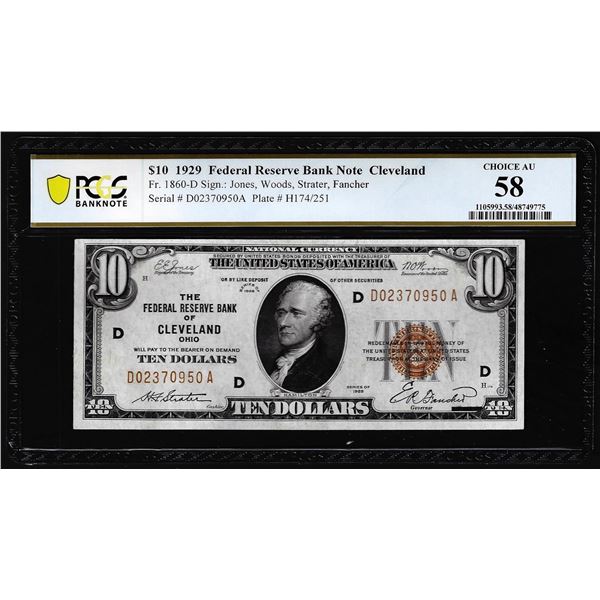 1929 $10 Federal Reserve Bank Note Cleveland Fr.1860-D PCGS Choice AU 58