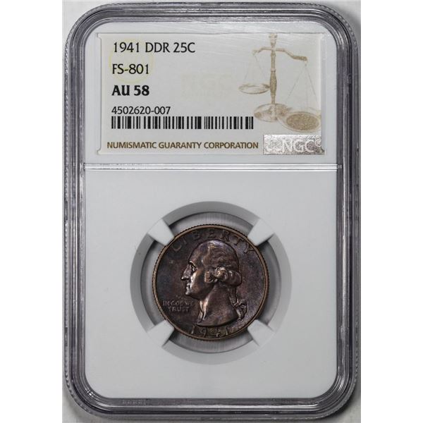 1941 FS-801 DDR Washington Quarter Coin NGC AU58 Amazing Toning