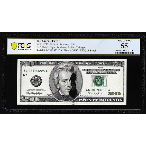 1996 $20 Federal Reserve Note Fr.2084-G Ink Smear Error PCGS About Uncirculated 55