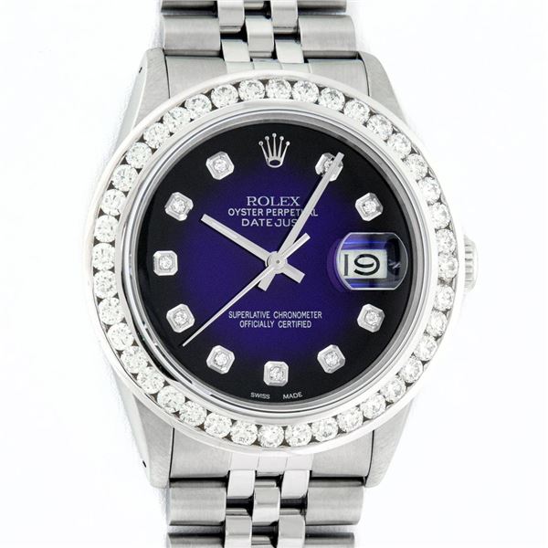 Rolex Mens Stainless Steel Blue Vignette Diamond Datejust Wristwatch