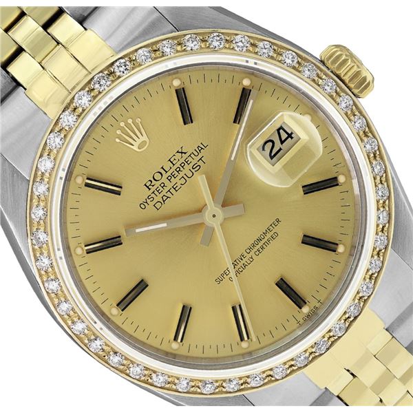 Rolex Mens Two Tone Champagne Index Diamond Datejust Wristwatch With Rolex Box