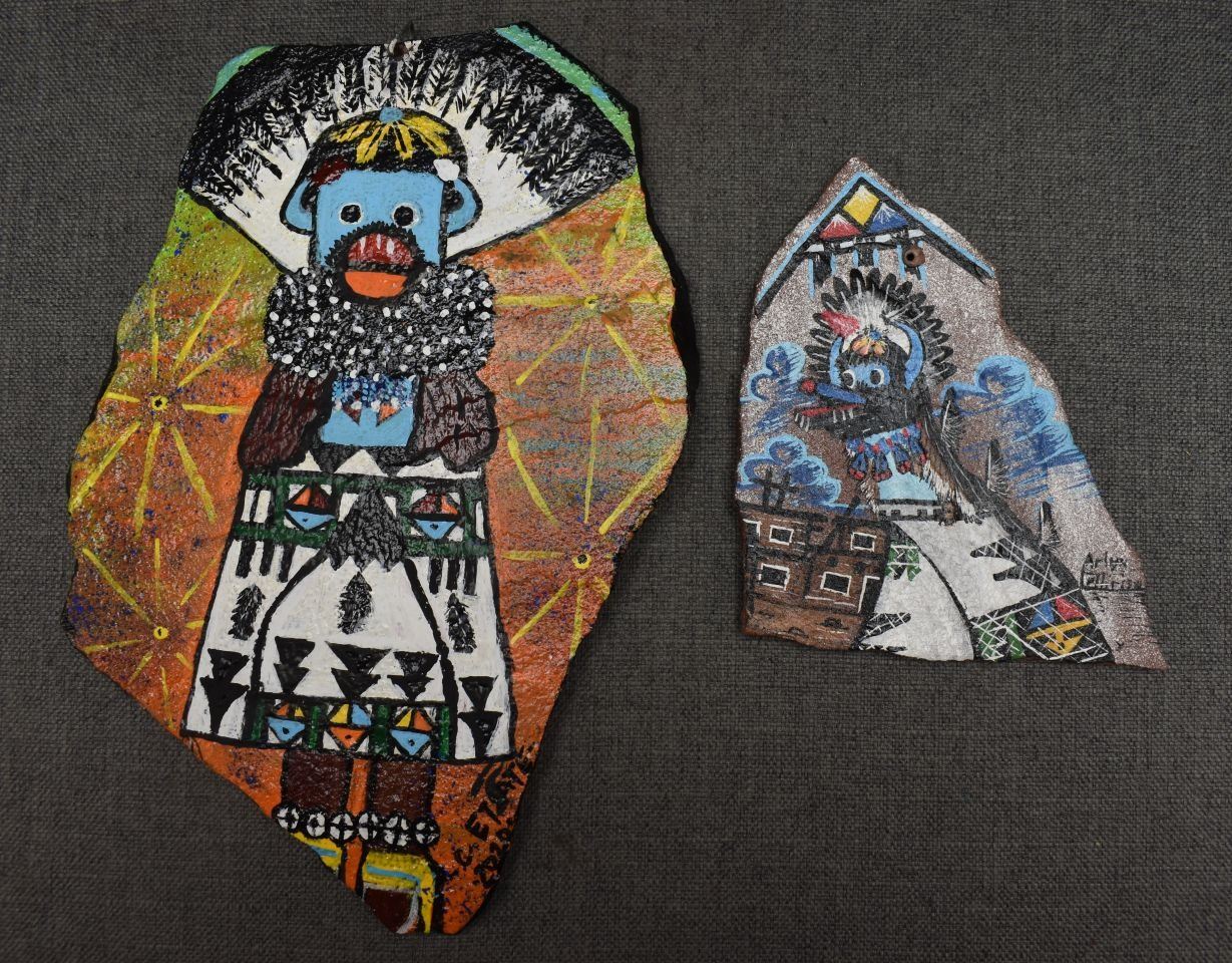 TWO ZUNI STONE PAINTINGS (ETSATE/CELLICION)
