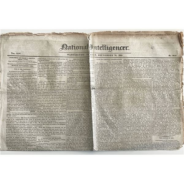 1844 Original Vintage National Intelligencer Newspaper - Washington
