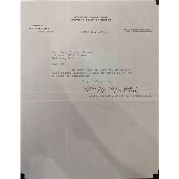 Connecticut Chief Justice W.M. M. Maltbie Signed Letter