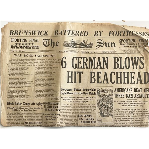 WWII 1944 The Sun Original Vintage Newspaper