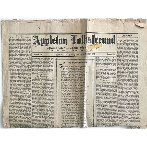 1893 Appleton Volksfreund German Language Vintage Newspaper