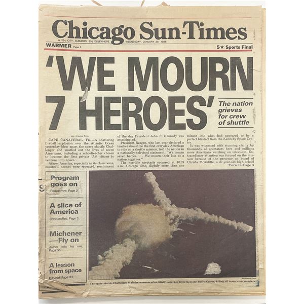 1986 Chicago Sun-Times Original Vintage Newspaper - Space Shuttle Challenger Explodes