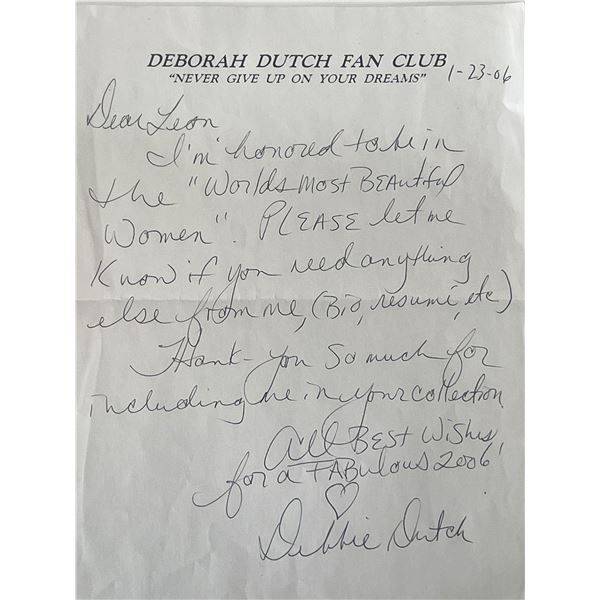 Actress Deborah Dutch signed note