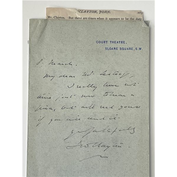 British play critic John Clayton signed letter