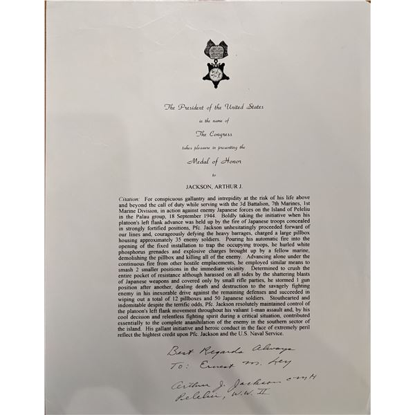 WW2 MOH Recipient Arthur J. Jackson Signed Page