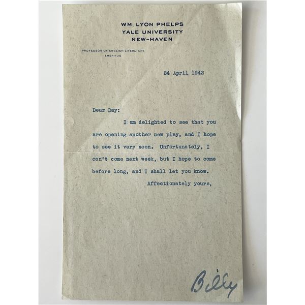 Yale Professor W.M. Lyon Phelps signed note