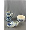 Image 2 : 3 Vintage Delft Blue Holland Ceramics - 6" Diam. Bowl/Planter, 6.75" H Stein & 7.5"L Shoe