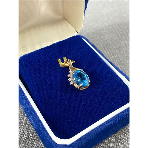 14KT Yellow Gold Swiss Blue Oval Cut Topaz And Diamond Pendant 2.5 CT, 9 X 7 Topaz - Custom Made -
