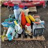 Image 1 : Contents on pallet, sprayer, elec. Heater, air & water hose, mitre box, pylons, wire brushes, hooks,